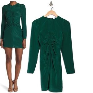 Thakoon Green Ruched Front Long Sleeve Sheath 100% Silk Dress